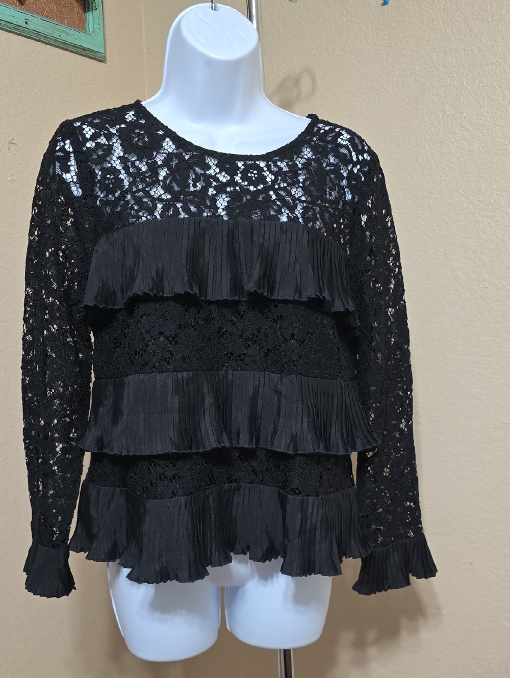 J. Crew Black Lace Ruffle-Tiered Long Sleeve Top